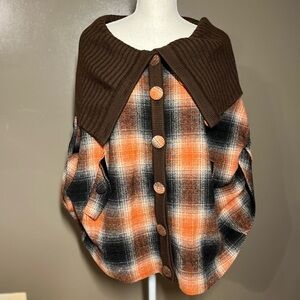 Demoiselle Brown and Orange Plaid Cape Style Jacket